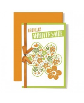 Carte Double Anniversaire Dessin Fleur Orange Et Vert